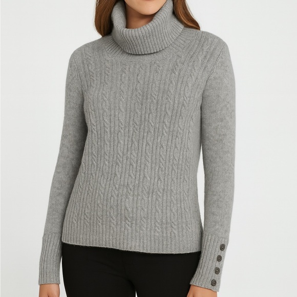 Banana Republic 100% Cashmere Heather Gray Cable Knit Turtleneck Sweater Medium - Picture 1 of 7
